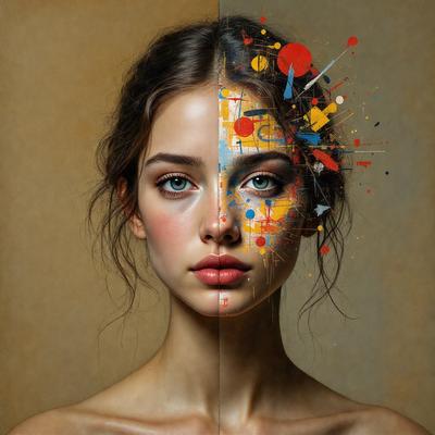 The primary subject of the image is a woman with a unique and artistic appearance. She has a mix of colors on her face, including yellow, blue, and red, giving her a vibrant and creative look. The setting is a room with a wall, and the visual style is a combination of photo and digital art. The colors and mood of the image are lively and energetic, with the woman's face being the main focus of the scene.